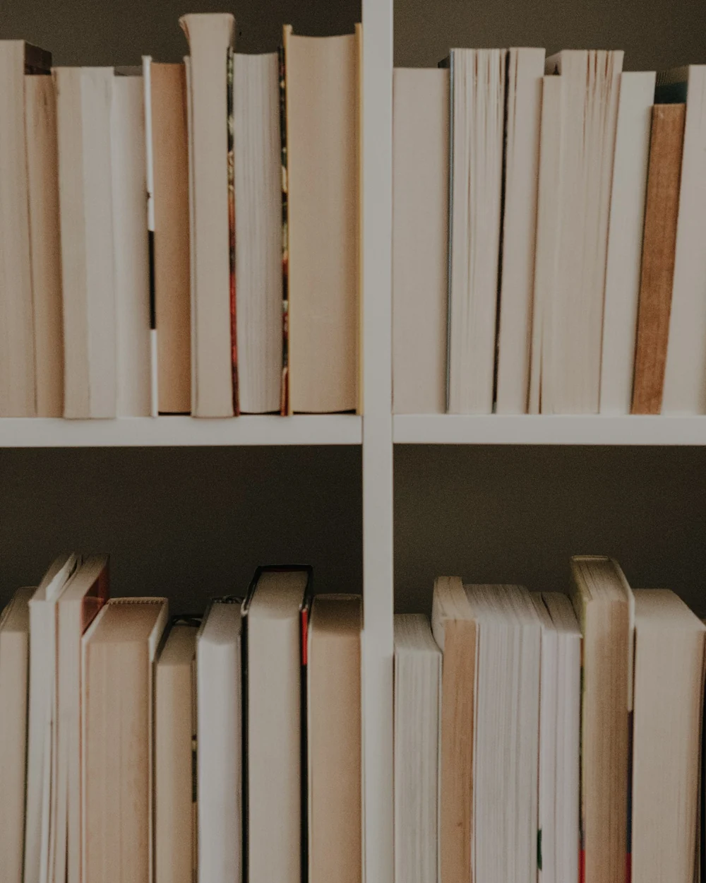 Rows of neutral-coloured books with their page edges facing outward on shelves